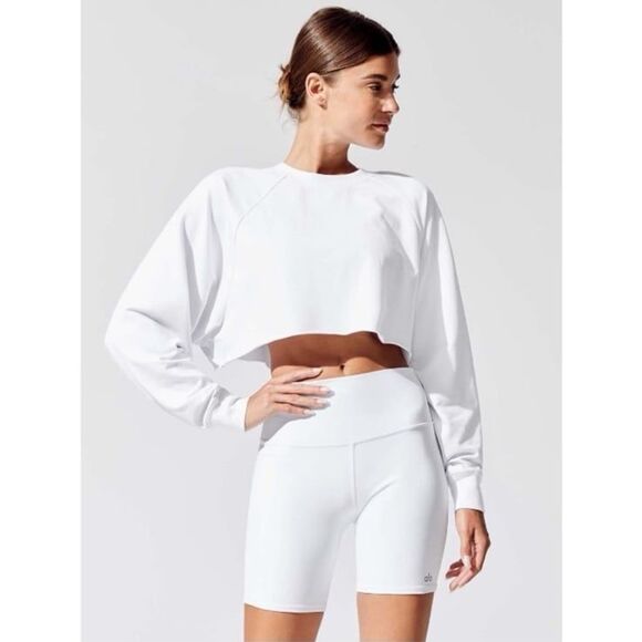 Alo Double Take Cropped Pullover in White - Picture 1 of 12